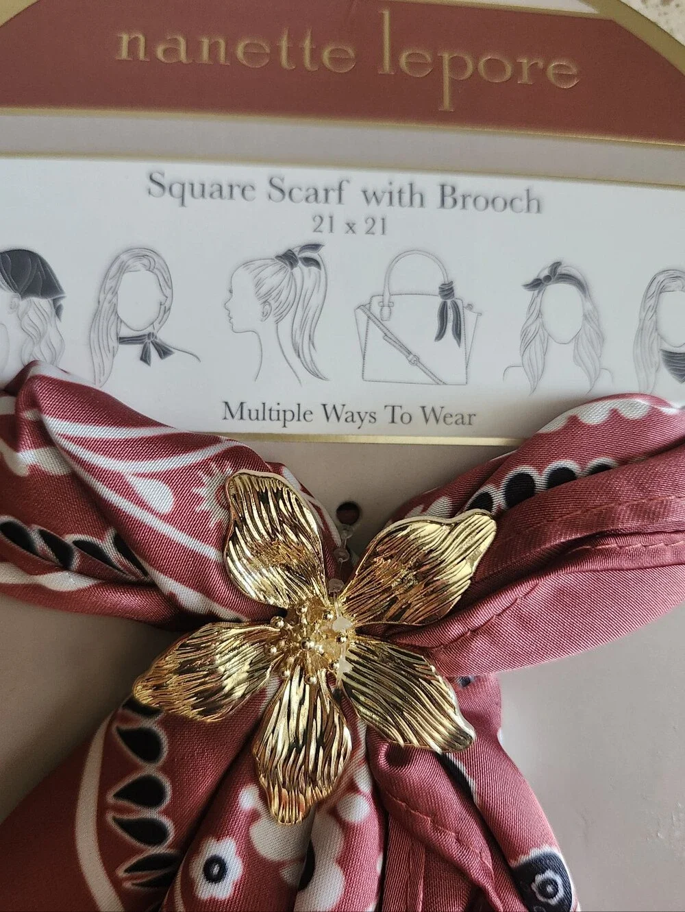 NWT Nanette Lepore Silk Feel Square Scarf With Gold Tone Floral Brooch 21 X 21
